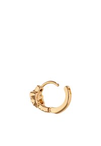 Guld hoops ørering med en struktureret overflade og bladformet topdetalje. Har en lille ædelsten accent nær bunden. Måler cirka 2 cm.