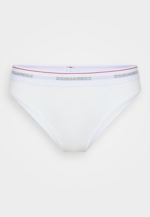 White cotton bikini bottom with a grey and red logo waistband. Smooth texture, low-rise design, featuring minimal stitching details.