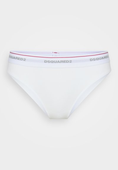 White cotton bikini bottom with a grey and red logo waistband. Smooth texture, low-rise design, featuring minimal stitching details.