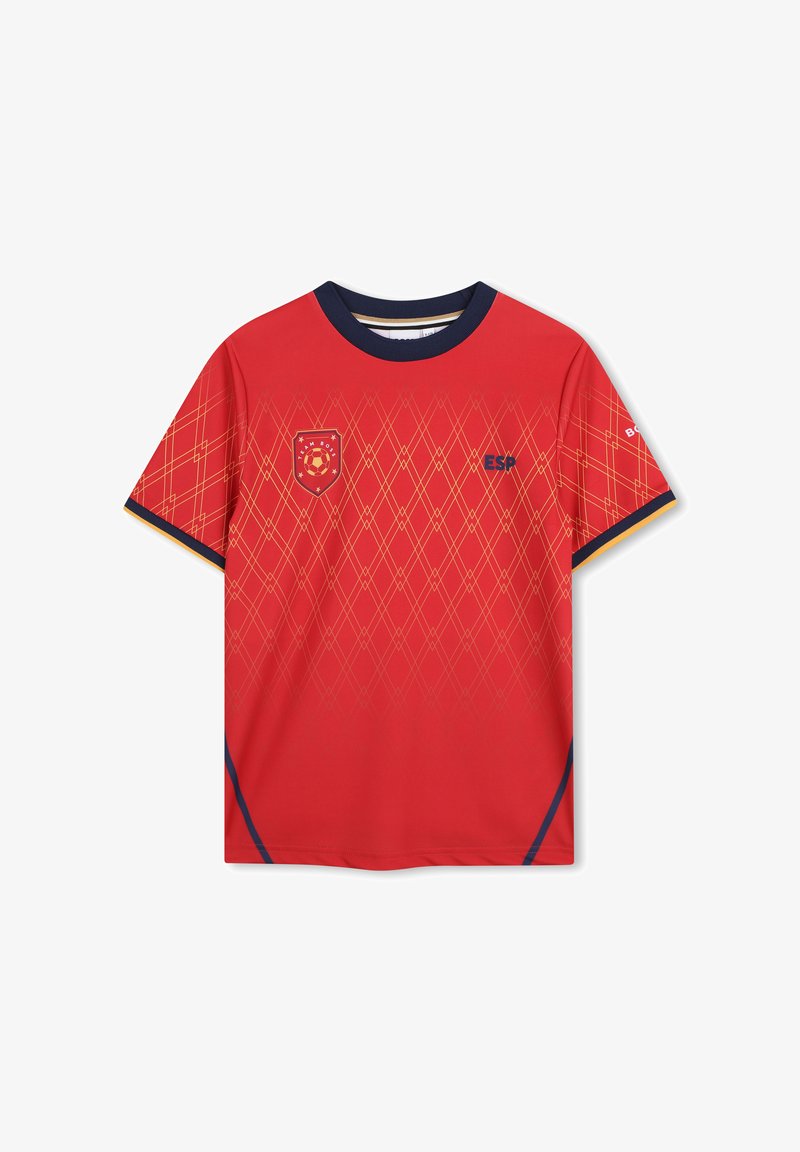 T-shirt de sport rouge avec un motif géométrique diagonal en or, manches courtes, col bleu marine et logo ESP sur le devant.