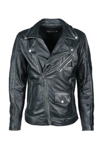 Giacca da motociclista in pelle nera con cerniera asimmetrica, collo a scatto e tasche frontali. Caratterizzata da cuciture testurizzate e dettagli in metallo.