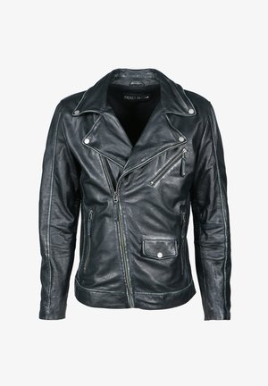 Black leather biker jacket with an asymmetrical zipper, snap collar, and front pockets. Features textured stitching and metal hardware details.
