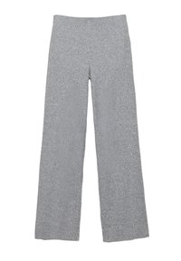 Sive široke pletene hlače ravnog kroja s teksturiranim tkanjem i elastičnim pojasom. Dizajn je s ravnim krojem i bez vidljivih kopči.