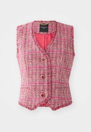 Gilet sans manches en tweed rose avec col en V, agrémenté de boutons en ton doré et d'une finition texturée. Doublé à l'intérieur avec un tissu rose uni.