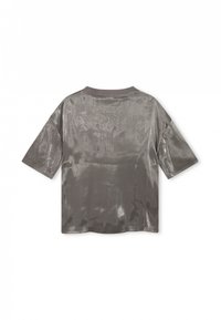 Graues kurzärmliges Shirt mit einer glatten, glänzenden Textur und einem runden Ausschnitt. Die Rückseite ist schlicht und hat keine sichtbaren Muster oder Akzente.