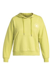 Felpa verde lime realizzata in tessuto morbido, con tasca a marsupio, cordini regolabili e logo rotondo sul lato sinistro del petto.