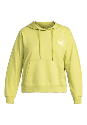 Limoengroene hoodie van zachte stof, met een kangoeroezak, verstelbare trekkoorden en een rond logo op de linkerborst.