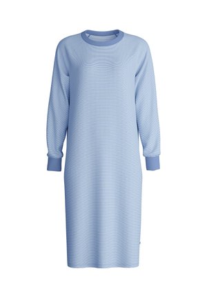 Lichtblauwe, middellange jurk van een textuurstof. Heeft een ronde hals, lange mouwen met geribde manchetten en een rechte snit.