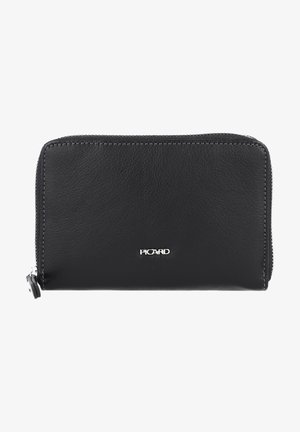 Black leather wallet with a textured finish, zip closure, and silver logo accent. Rectangular shape with visible stitching details.