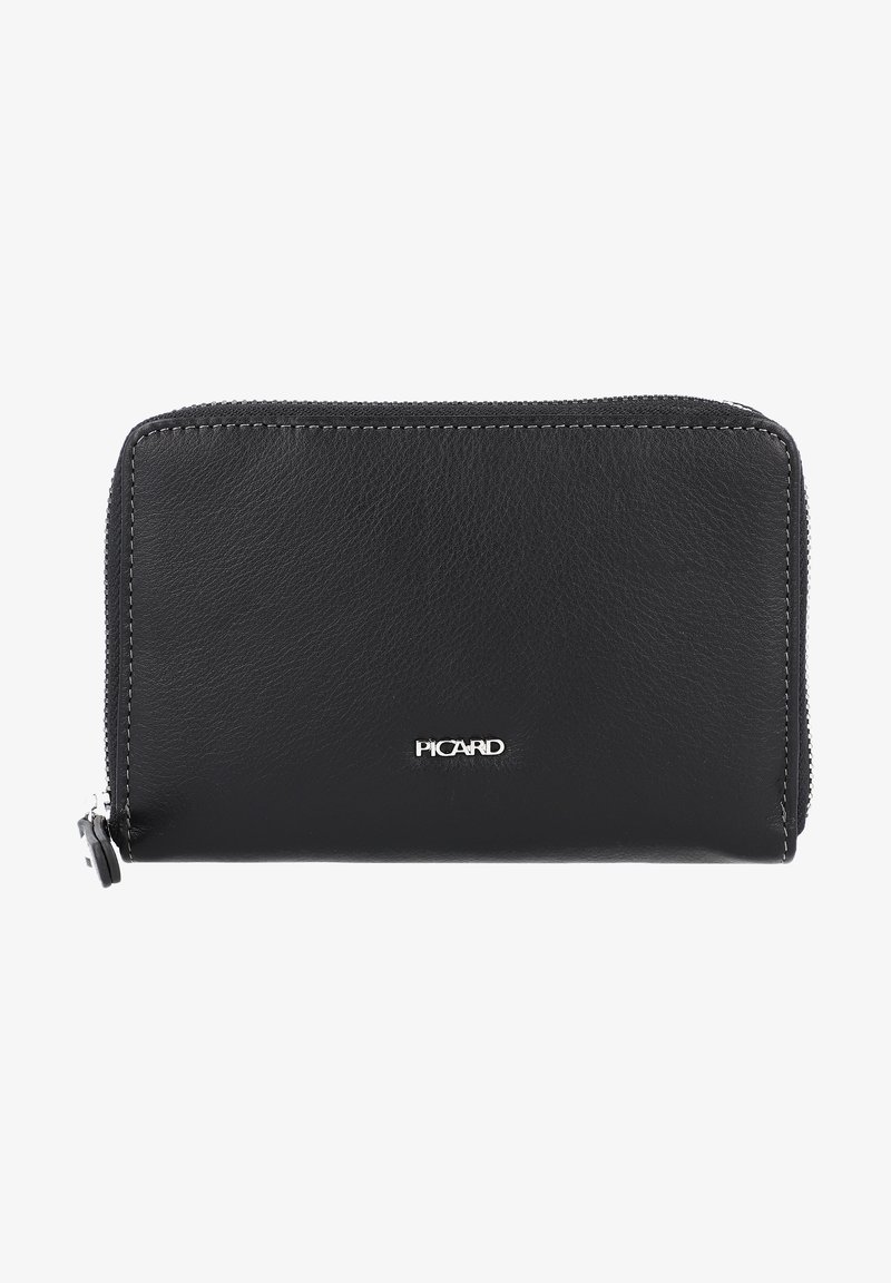 Black leather wallet with a textured finish, zip closure, and silver logo accent. Rectangular shape with visible stitching details.