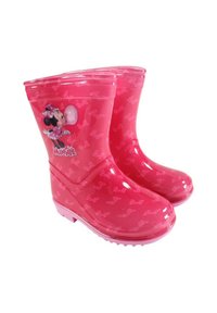 Bottes de pluie roses vives pour enfants avec Minnie Mouse soufflant une bulle de chewing-gum et un motif de petits nœuds.