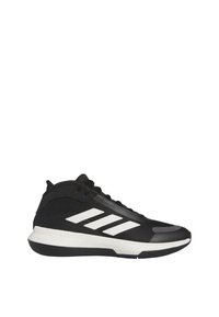 Zwarte sportieve schoen met witte strepen, bovenwerk van mesh, gevoerd kraagje en een rubberen zool. Bevat een afgeronde neus en een minimalistisch ontwerp.