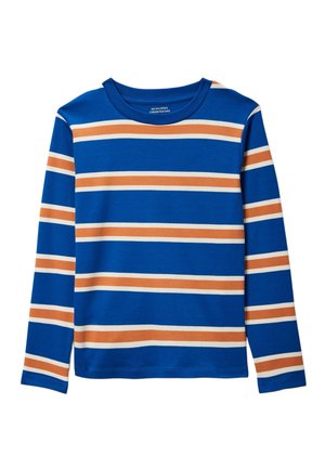 Chemise bleue à manches longues avec de larges rayures horizontales orange et blanches, col rond et ourlet droit.