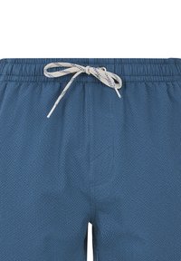 Modré texturované šortky vyrobené ze žebrovaného materiálu. Mají elastický pas s bílým šňůrkovým stahováním a malé, nenápadné logo.