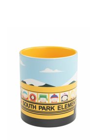 Tazza in ceramica con esterno blu chiaro, interno giallo e design "South Park Elementary" con illustrazioni dei personaggi.