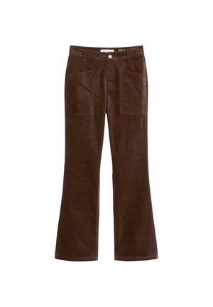 Braune Corduroy Schlaghosen mit zwei Fronttaschen, ausgestattet mit einem vorderen Knopfverschluss und einer glatten Oberfläche, entworfen für Komfort und Stil.