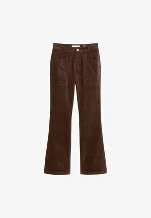 Pantaloni a zampa d'elefante in corduroy marrone con due tasche frontali, dotati di chiusura frontale con bottone e una texture liscia, progettati per comfort e stile.