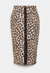 Hame leopard-print korset dengan trim ruffle hitam vertikal di tengah dan lapisan mesh sedikit di bagian bawah.