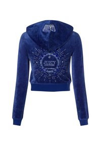 Cropped hoodie in velluto blu con un design scintillante sul retro che riporta la scritta "JUICY COUTURE" e decorazioni intorno ad essa.