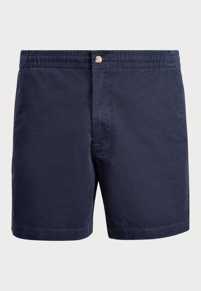 Pantaloni da bagno blu navy realizzati in tessuto leggero, dotati di vita elastica, chiusura con bottone e design minimalista senza pattern.