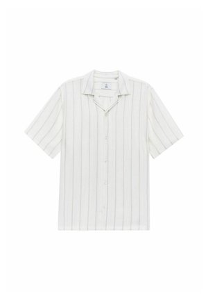 Chemise à manches courtes, à boutons, en crème clair avec de subtiles rayures verticales. Texture tissée, col standard, cinq boutons sur le devant.