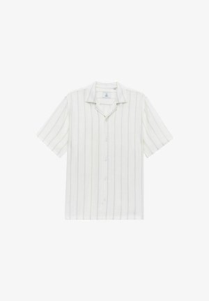 Kortærmet, knappet skjorte i lys creme med subtile lodrette striber. Vævet tekstur, standard krave, fem knapper foran.
