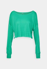 Top verde de manga larga recortada hecho de tela acanalada. Presenta un escote amplio y mangas holgadas con puños ajustados.