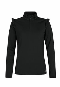 Zwarte lange mouw top met een ritssluiting in de kraag, voorzien van gerimpelde accenten op de schouders; gemaakt van een zachte, rekbare stof.