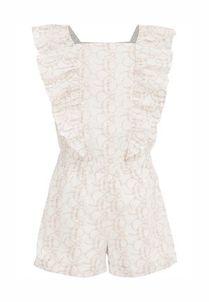 Lysebeige jumpsuit med smockede skulderstropper, elastisk talje og et subtilt, ensartet cirkelmønster over det hele. Blandingsstof af bomuld, afslappet design.