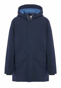 Giacca parka blu navy realizzata in tessuto resistente all'acqua, con cappuccio, due tasche frontali e una fodera di un blu chiaro a contrasto.