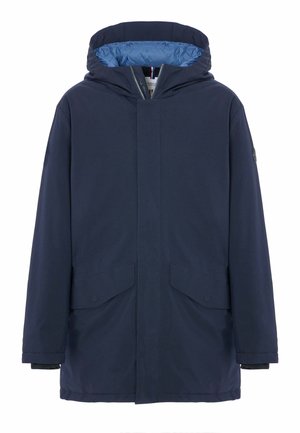 Giacca parka blu navy realizzata in tessuto resistente all'acqua, con cappuccio, due tasche frontali e una fodera di un blu chiaro a contrasto.