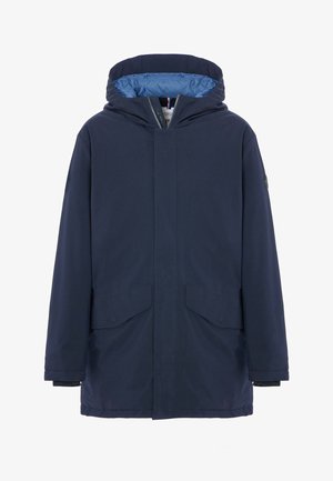Giacca parka blu navy realizzata in tessuto resistente all'acqua, con cappuccio, due tasche frontali e una fodera di un blu chiaro a contrasto.