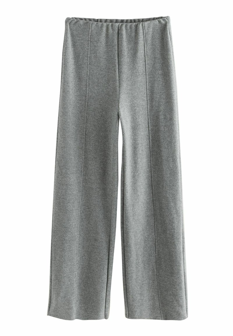 Pantaloni larghi grigi realizzati in un morbido tessuto testurizzato, con una vita elastica e pieghe centrali sul fronte, che offrono una vestibilità rilassata.