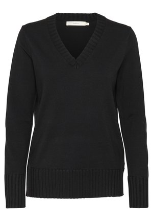 Czarny sweter z długim rękawem, dekoltem w serek oraz ściągaczami na rękawach i u dołu, wykonany z dzianiny.