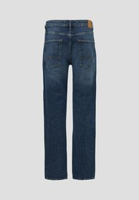 Jeans in denim blu scuro con un design a gamba dritta, dotati di due tasche posteriori e un'etichetta in pelle sulla vita. Tessuto texture.