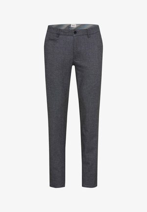 Mørkegrå skræddersyede bukser med slim fit, tekstureret stof og forlommer. Har en lynlås i gylpen og en knaplukning i taljen.