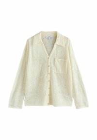 Cardigan lungo giallo chiaro con maniche lunghe, realizzato in pizzo texturizzato, dotato di colletto, chiusura con bottoni e una tasca sul petto. I bottoni sono di colore chiaro.
