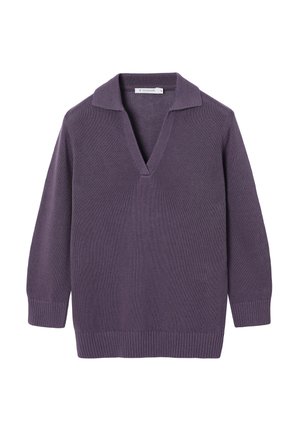 Violets trikotāžas džemperis ar garām piedurknēm, riboto aproču un apakšmali, dziļu V veida izgriezumu un nelielu apkakli.