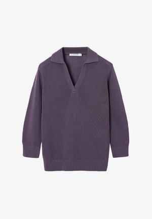 Violets trikotāžas džemperis ar garām piedurknēm, riboto aproču un apakšmali, dziļu V veida izgriezumu un nelielu apkakli.