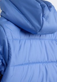 Svetlo modrá zateplená bunda s kapucňou, hladkou textúrou a horizontálnym švom. Tkanina sa zdá lesklá a ľahká.