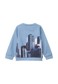 Lichtblauwe sweatshirt met een grafisch ontwerp van hoge gebouwen op de achterkant. Gemaakt van zachte stof, het heeft ribgebreide manchetten en een ronde halslijn.