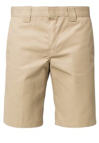 Kakifärgade shorts i mjukt tyg med standard midja, bälteshällor och rak passform utan synliga mönster eller detaljer.