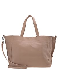 Beige lädertofflor med två handtag och ett avtagbart axelband, med en enkel, slät yta och rektangulär form.