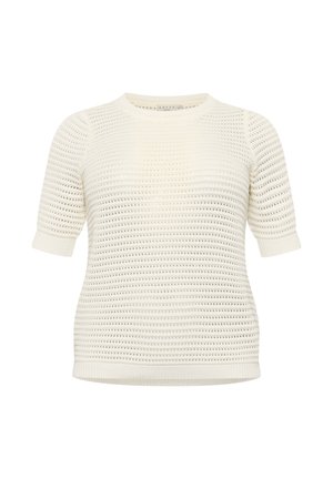 Hvid strikket sweater med korte ærmer, der har et struktureret åbent vævemønster og en rund halsudskæring. Blødt, let stof.