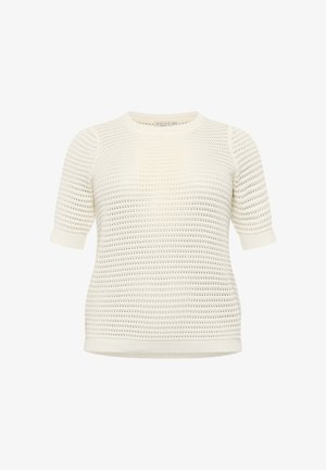 Hvid strikket sweater med korte ærmer, der har et struktureret åbent vævemønster og en rund halsudskæring. Blødt, let stof.