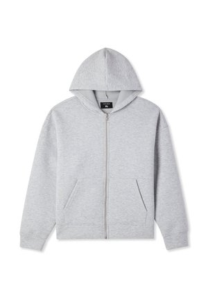 Felpa zip con cappuccio di un grigio chiaro, con tasche frontali, taglia XL, presentata appoggiata su uno sfondo bianco.