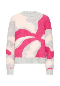 Pull-over en col ras du cou avec des blocs de couleur abstraits rose, gris et beige clair, doté de manches longues et de poignets et ourlet côtelés.