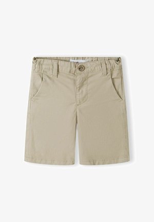 Khaki shorts lavet af bomuldsblandingsstof, med knaplukning, bæltestropper og to frontlommer med en glat tekstur.