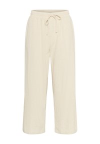 Hellbeige, weite Hose mit elastischem Bund, verstellbarem Kordelzug und strukturiertem Stoff. Verkürzte Länge und gerade Silhouette.