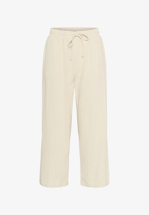 Light beige wide-leg pants with an elastic waistband, adjustable drawstring, and textured fabric. Cropped length and straight silhouette.